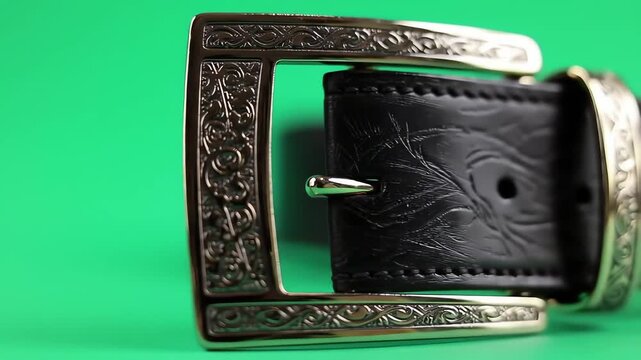 Close up of an ornate silver belt buckle and black embossed leather belt
