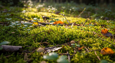 Serene Forest Light on Mossy Soil Surface in Natural Atmosphere