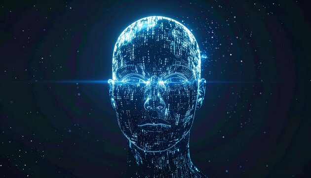 6A glowing digital human face, made of data or code, amidst a dark background filled with stars. This concept symbolizes artificial intelligence, technology, and digital identity inp