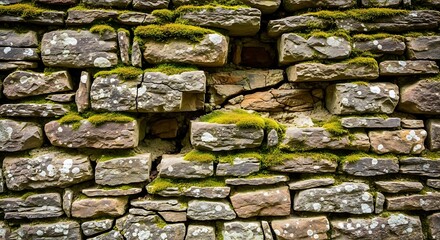 Cracked stone wall with green moss and lichen