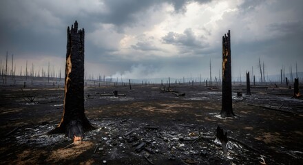 Spooky landscape. Burnt tree trunks remaining after big wild forest fire catastrophe. Environmental destruction background.