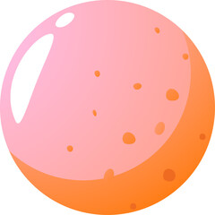 Close up of a pink and orange cartoon planet with craters and a reflective surface on a transparent background