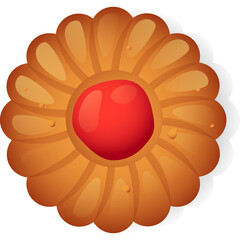 Close Up Top View Of A Round Golden Brown Cookie With A Red Jelly Center And Fluted Edges Isolated On A White Background With Subtle Shadow