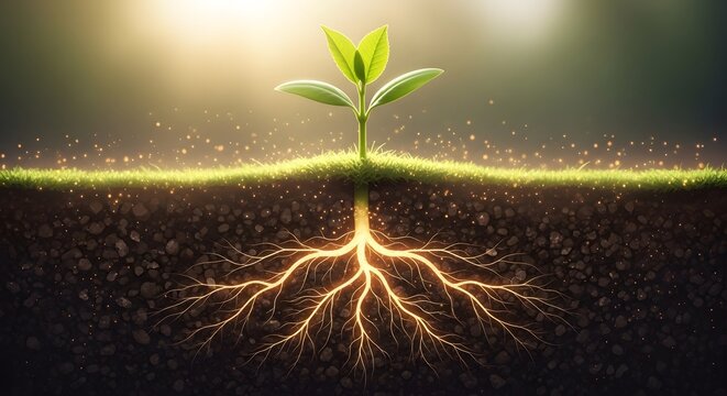 Young plant seedling with glowing roots underground in a cross-section of the soil. Growth, life energy, and strong foundation concept. Organic matter absorbing nutrients from the earth.