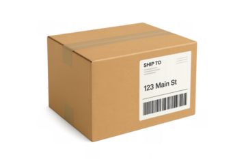 Shipping cardboard box with a delivery address label and barcode on a transparent background. Representing logistics, delivery, and distribution