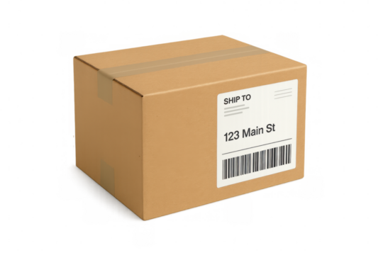 Shipping cardboard box with a delivery address label and barcode on a transparent background. Representing logistics, delivery, and distribution
