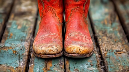 Red Cowboy Boots on Weathered Wood.