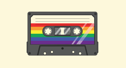 Fototapeta premium A cassette tape with the colors of the rainbow as its label is depicted on a simple cream-colored background.