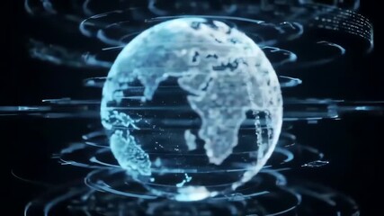 Holographic Earth globe with data streams and rings - Powered by Adobe