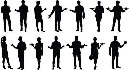 Waitstaff silhouettes, hospitality staff, serving tray poses, restaurant service art, catering lifestyle design, food service concept, professional posture illustration