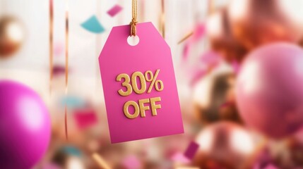 Colorful sale tag shows 30% off with vibrant decorations