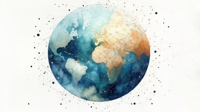 Abstract globe, watercolor, polygonal, connected