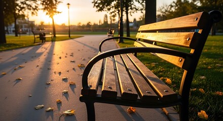 Empty park bench bathed in golden hour sunlight