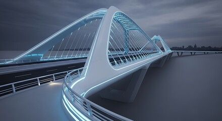 Modern arch bridge illuminated with blue lights at dusk