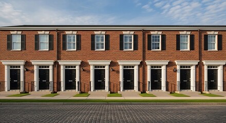 Symmetrical brick townhouses with black doors and shutters