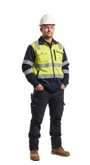 Full shot of a construction worker in a safety vest and hard hat, standing with hands in his pockets.