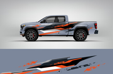 Gray pickup wrap with orange and black aggressive lines and abstract strokes. Editable vector EPS format included.