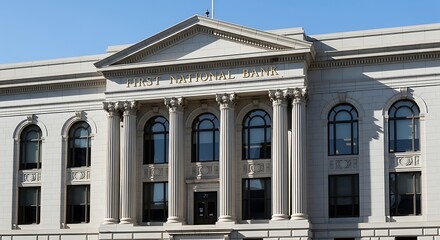 Grand classical building with columns and arched windows under a blue sky