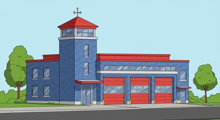 Cartoon Fire Station with Tower and Red Doors Illustration.