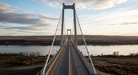 Modern suspension bridge spanning a wide river at sunset