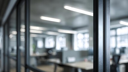 Modern office visible through glass partition walls, with blurred desks and computers and bright ceiling lights. Concept Modern Office Interior, Glass-Partitioned Workspace