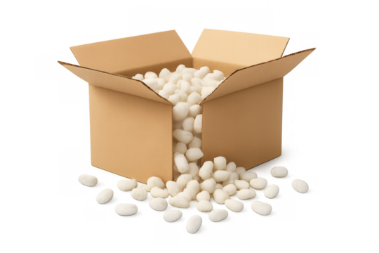 Open cardboard box filling up with white packing peanuts, securing contents for shipping or moving, transparent background