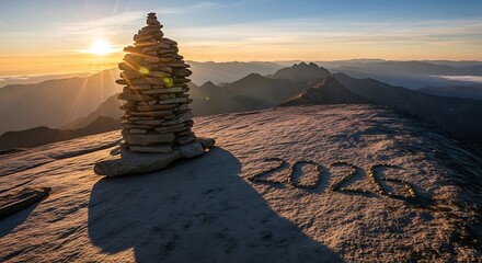 Stone Cairn on Mountain Summit with 2026 Etched in Sand at Sunrise Landscape