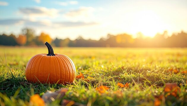 Autumn Pumpkin on Grassy Field During Golden Hour with Soft Sunlight and Blurred Trees in Background - Powered by Adobe