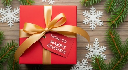 A festive holiday gift beautifully wrapped with a gold ribbon