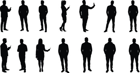 Standing silhouettes, people with phones, body language poses, lifestyle art, communication concept, social interaction design, posture study, modern figure
