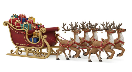 Red Santa sleigh pulled by five reindeer with gifts