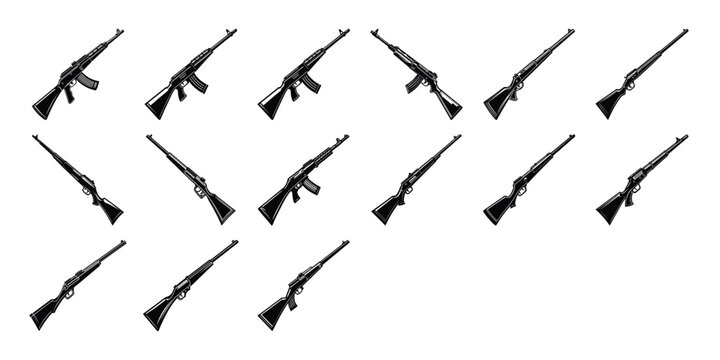 Weapons silhouette set. Collection of various realistic firearms. Assult rifles, sniper rifles, shotguns, handguns, machine guns, historical guns & other. Vector illustration