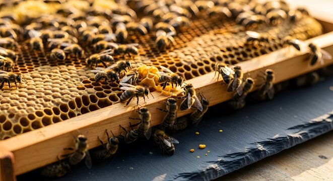 Close-up of honeybees working on a honeycomb frame in warm golden sunlight. The frame is placed on a dark slate surface.