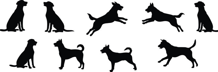 Dog silhouettes, pet poses, canine posture art, sitting standing walking jumping, animal lifestyle design, pet concept, domestic dog illustration
