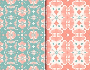 Two colorful abstract patterns side-by-side. The left one is teal, the right one is peach-toned. Each features floral and geometric shapes