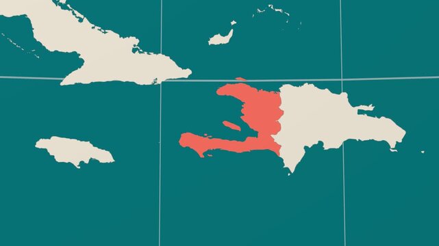 Haiti map. Animated zoom into the country on the Globe in Teal Pale Mint color palette. Country logo animation. Map with meridians, parallels. Captivating video.