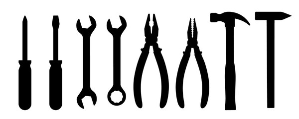 Collection of black silhouettes of various hand tools - screwdrivers, wrenches, hammers, pliers. Illustration on a transparent background