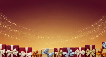Obraz premium Christmas gradient from burgundy to golden amber, decorated gift boxes tied with ribbons lining the bottom, subtle glitter trails in background
