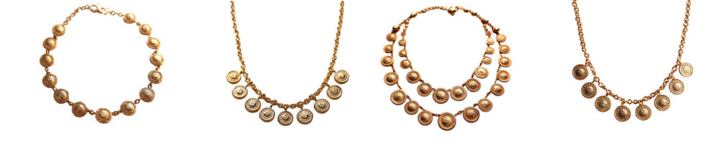 Four delicate gold necklaces with sparkling pendants, isolated on transparent background