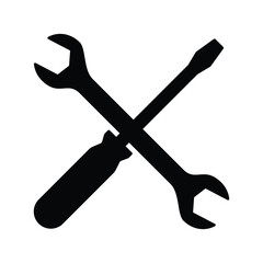 Black silhouettes of a crossed screwdriver and wrench. Vector illustration isolated on a white background