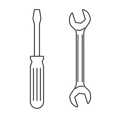 Outline of a screwdriver and wrench. Vector illustration isolated on a white background