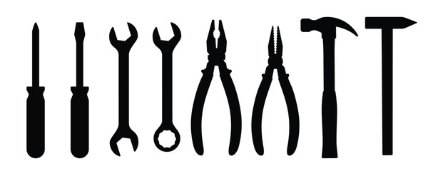 Collection of black silhouettes of various hand tools - screwdrivers, wrenches, hammers, pliers. Vector illustration isolated on a white background