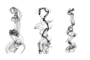 Abstract black smoke swirl shapes on a white background. Elegant flowing motion ideal for art, design, or digital effects. Perfect for overlays, backgrounds, and creative visual projects.