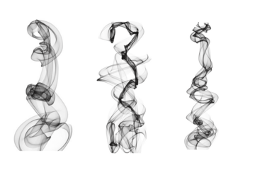 Abstract black smoke swirl shapes on a white background. Elegant flowing motion ideal for art, design, or digital effects. Perfect for overlays, backgrounds, and creative visual projects.