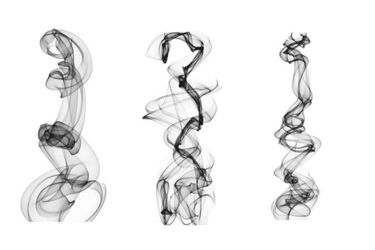 Abstract black smoke swirl shapes on a white background. Elegant flowing motion ideal for art, design, or digital effects. Perfect for overlays, backgrounds, and creative visual projects.