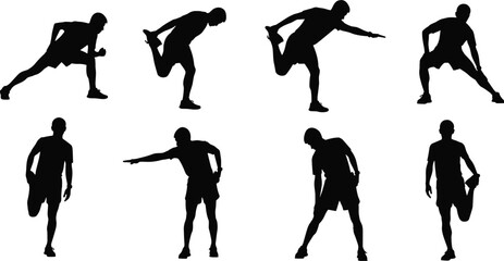 Silhouettes of athletes performing stretching exercises like lunges and quad stretches, symbolizing warm-up, fitness, flexibility, physical training, and sport preparation vector.