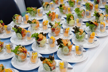 line of many dish of the set of cocktail salad shot dessert in dinner reception