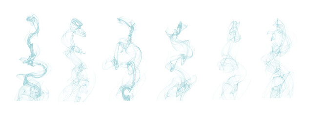 Soft blue smoke swirl set isolated on white background, perfect for abstract art, vapor effects, and digital design elements. Gentle mist motion texture. Airy smoke illustration collection.
