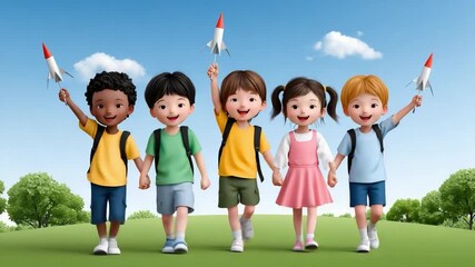 Happy multiethnic children walking with toy rockets - Powered by Adobe