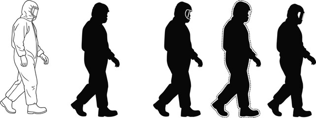 Silhouettes and line art of people wearing hazmat suits and PPE, symbolizing biohazard, contamination, epidemic prevention, protection, and safety during a pandemic.